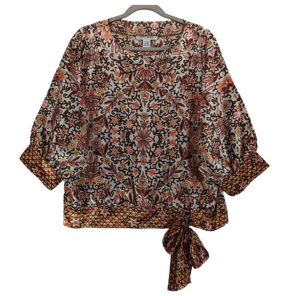 RAFAEL Tops - Rafael Floral Blouse L Gold Brown Knot Crew Neck 3/4‎ Sleeve Tribal Bohemian Top
